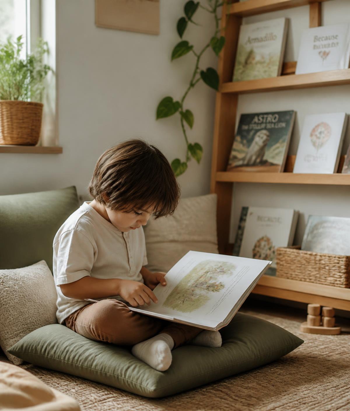 Rincón de lectura acogedor con libros ilustrados, luz natural y plantas