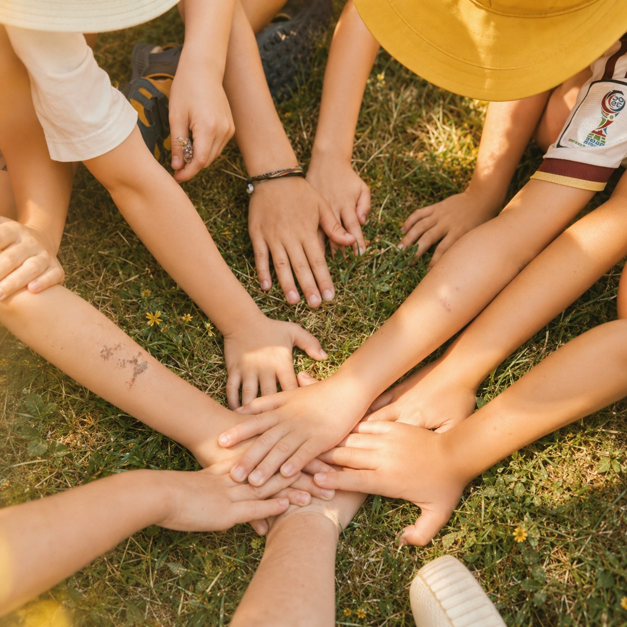 Círculo de manos de niños juntas sobre la hierba, al sol